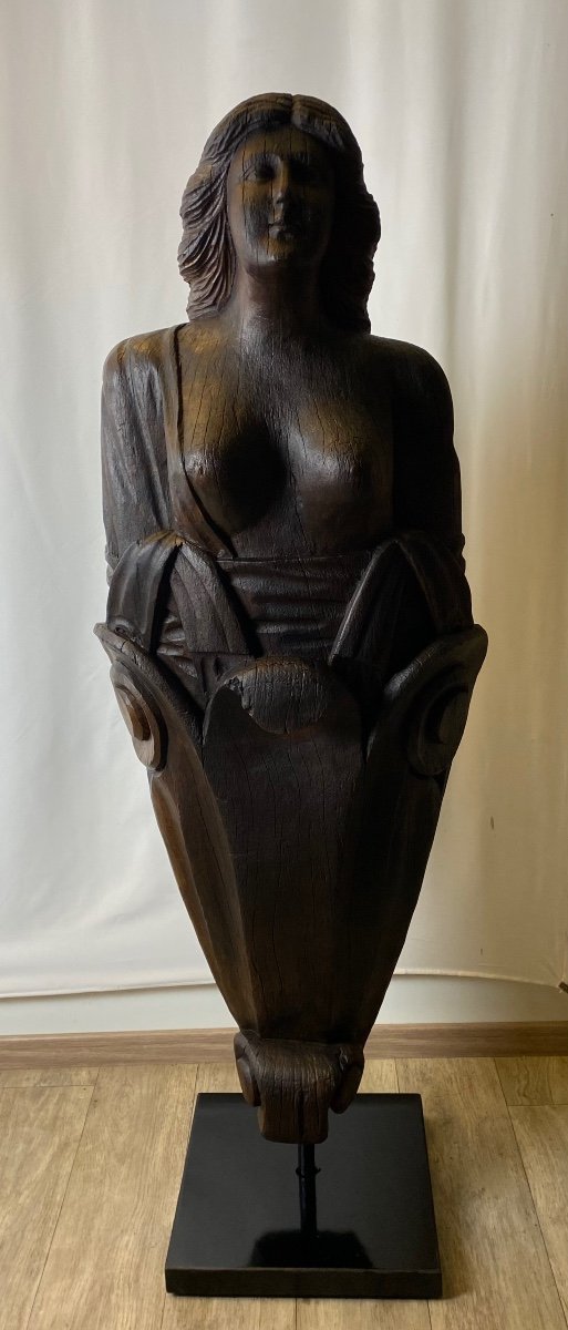 Carved Wooden Ship Figurehead On Lacquered Wooden Base