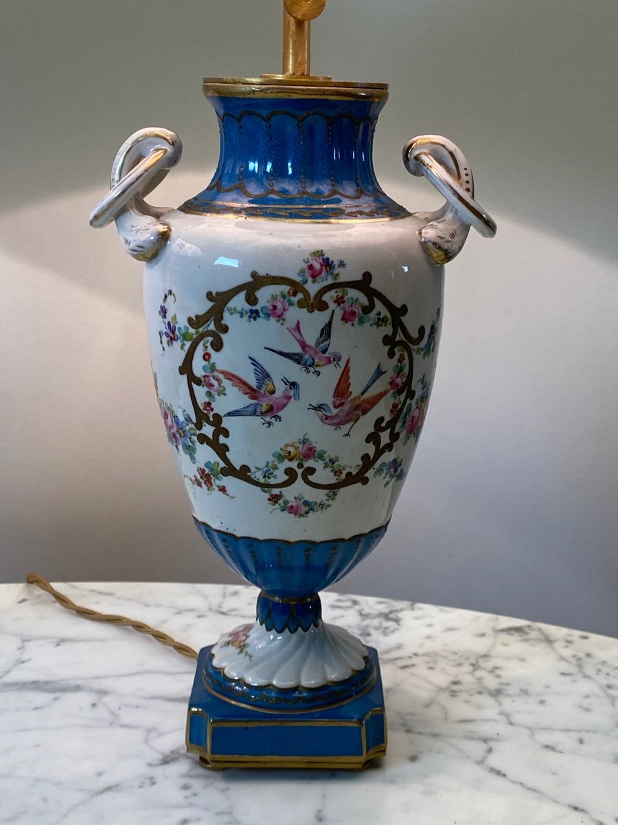 Pair Of Celestial Blue And White Porcelain Lamps Decorated With Birds And Flowers-photo-2