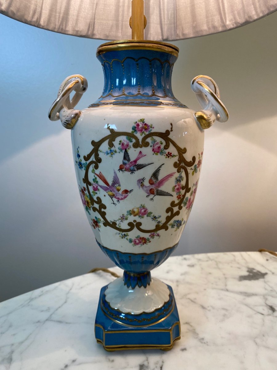 Pair Of Celestial Blue And White Porcelain Lamps Decorated With Birds And Flowers-photo-3