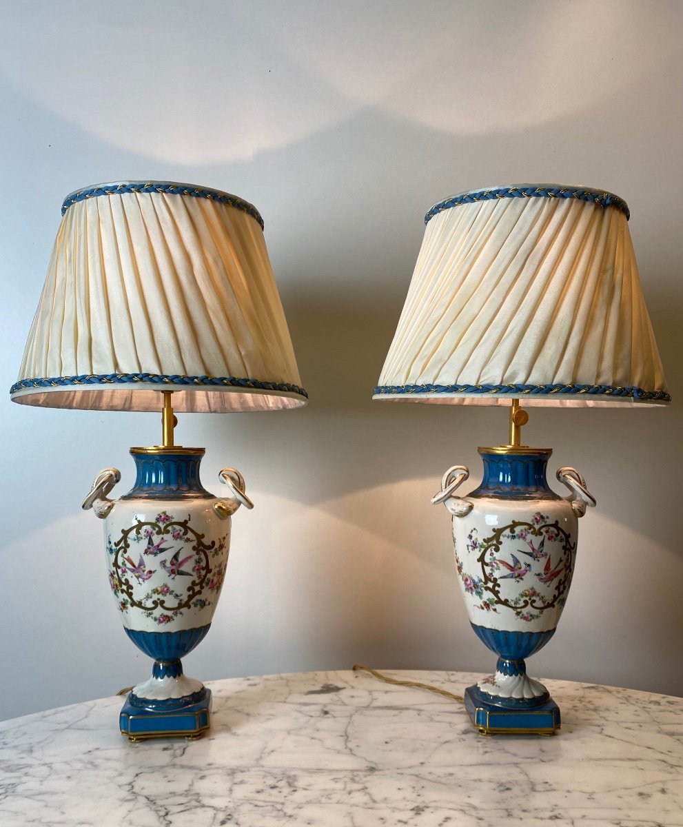 Pair Of Celestial Blue And White Porcelain Lamps Decorated With Birds And Flowers