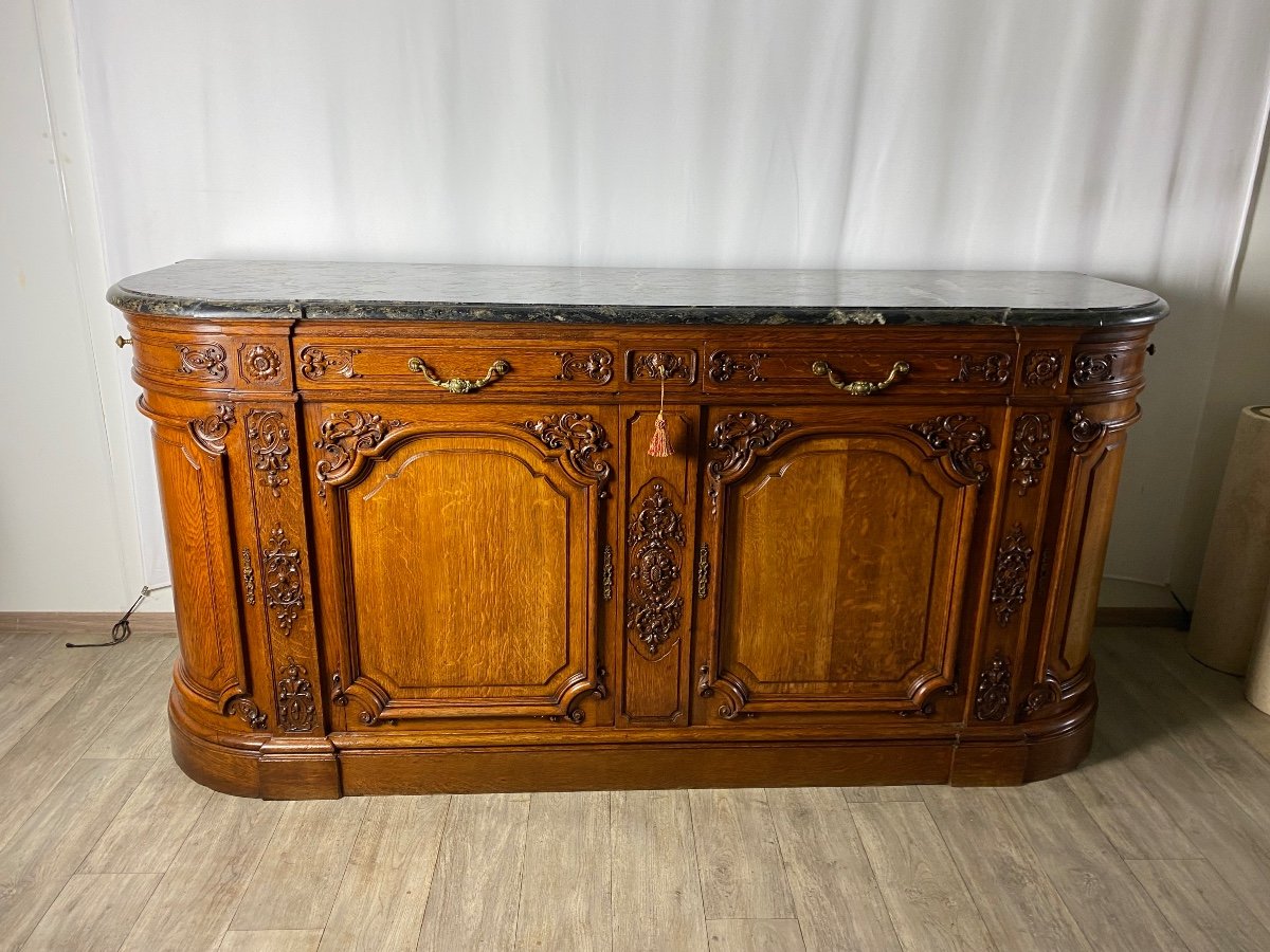 Buffet De Chasse R&eacute;gence Enfilade En Ch&ecirc;ne Blond Massif Finement Sculpt&eacute; Et Dessus De Marbre -photo-2