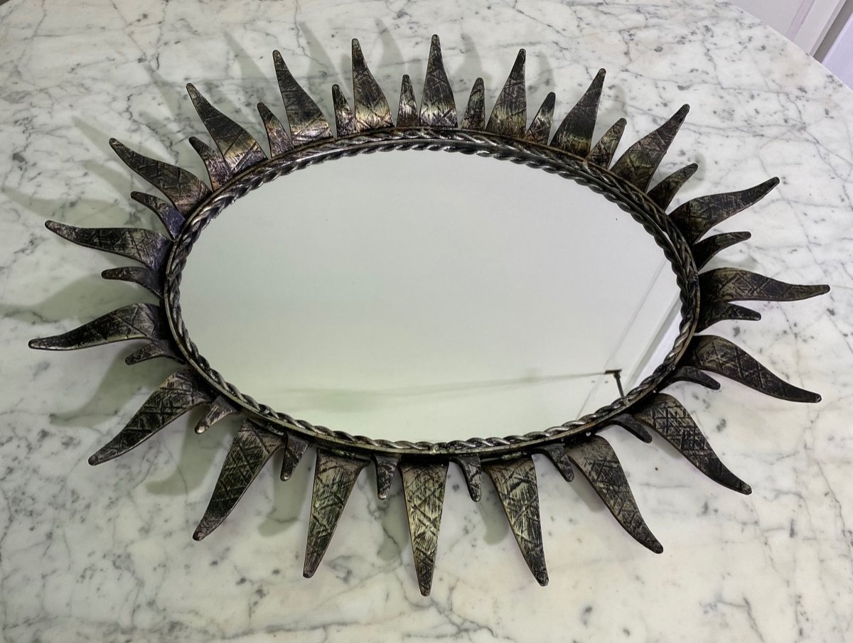 Miroir Soleil Ovale  À La Feuille D’Argent Sur Fer Forgé Martelé 1950-photo-3