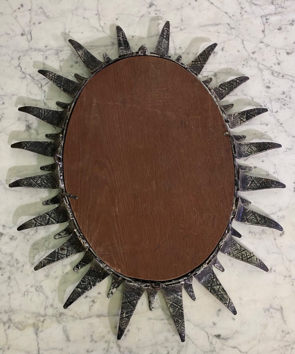 Miroir Soleil Ovale  À La Feuille D’Argent Sur Fer Forgé Martelé 1950-photo-3