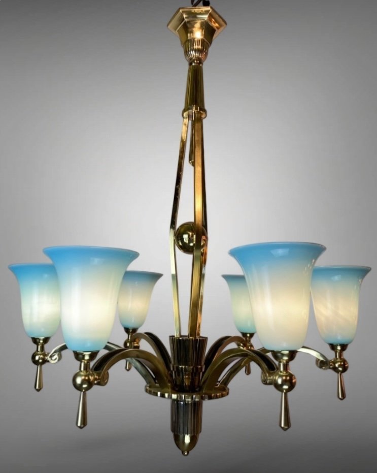 Art Deco Modernist Chandelier 1930 In Bronze And Blue Opaline -photo-2