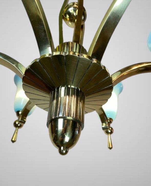 Art Deco Modernist Chandelier 1930 In Bronze And Blue Opaline -photo-4