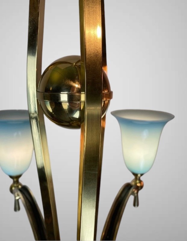 Art Deco Modernist Chandelier 1930 In Bronze And Blue Opaline -photo-1