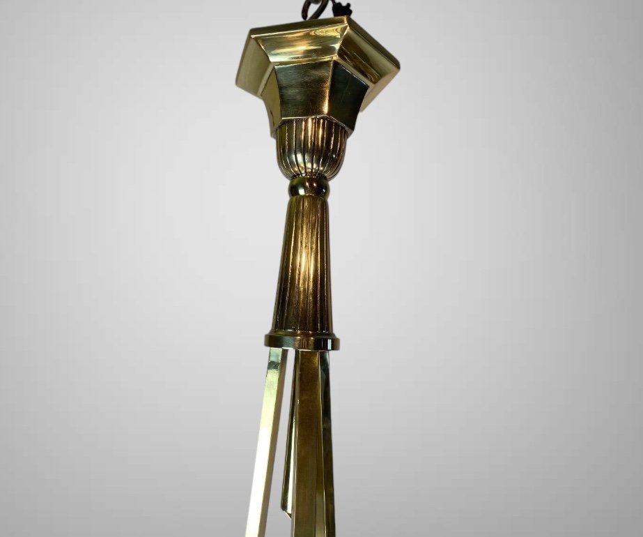 Art Deco Modernist Chandelier 1930 In Bronze And Blue Opaline -photo-3