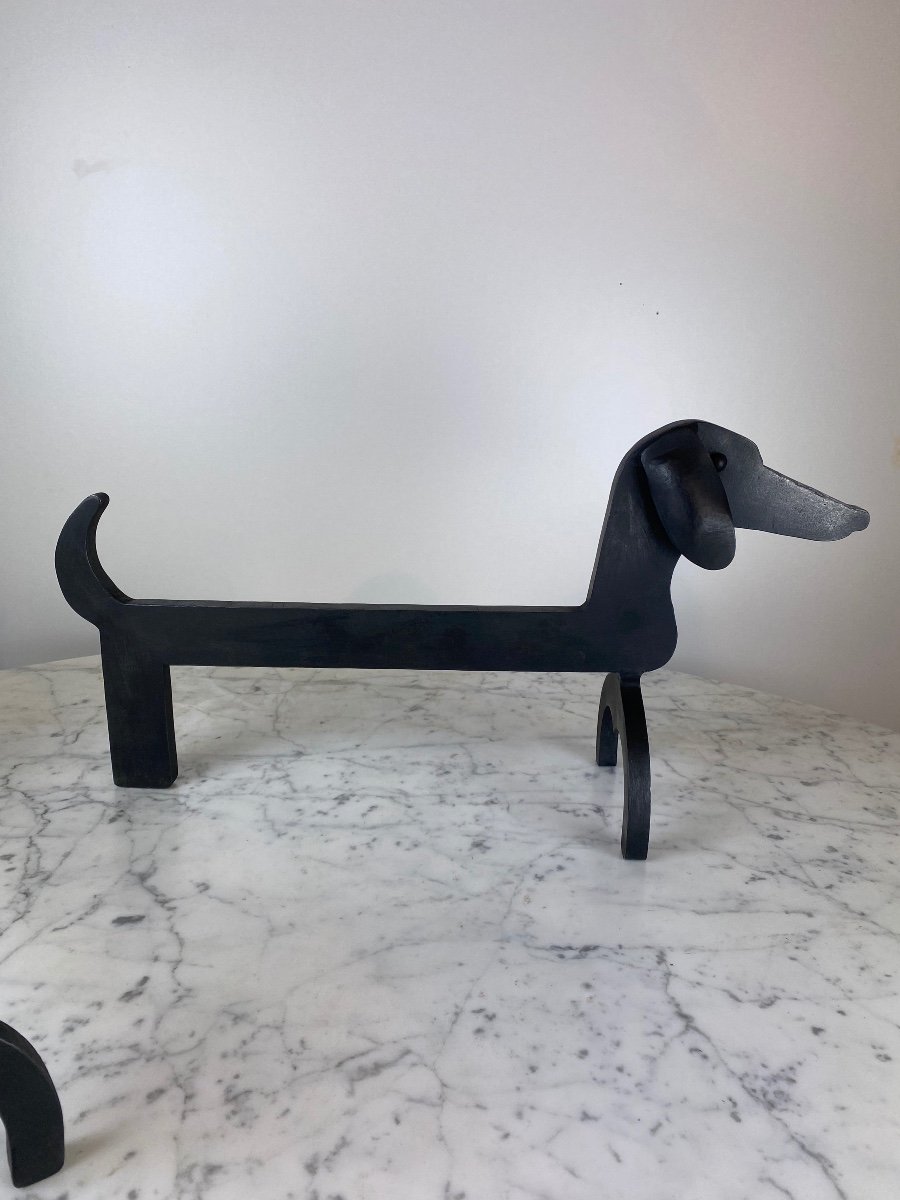 Edouard Schenck Pair Of Zoomorphic Andirons Couple Of Dachshunds 1950 -photo-2