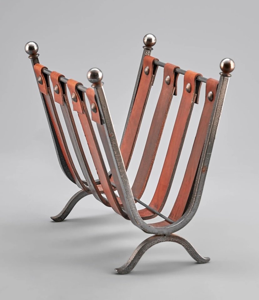 Maison Jansen Magazine Holder Middle 20th Century Natural Leather And Forged Metal -photo-2