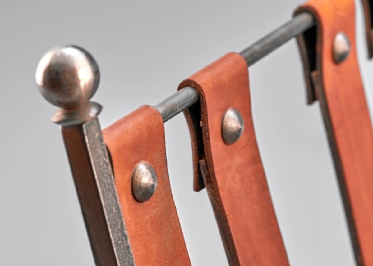 Maison Jansen Magazine Holder Middle 20th Century Natural Leather And Forged Metal -photo-3