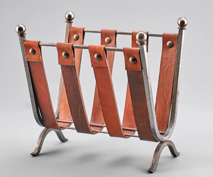 Maison Jansen Magazine Holder Middle 20th Century Natural Leather And Forged Metal 