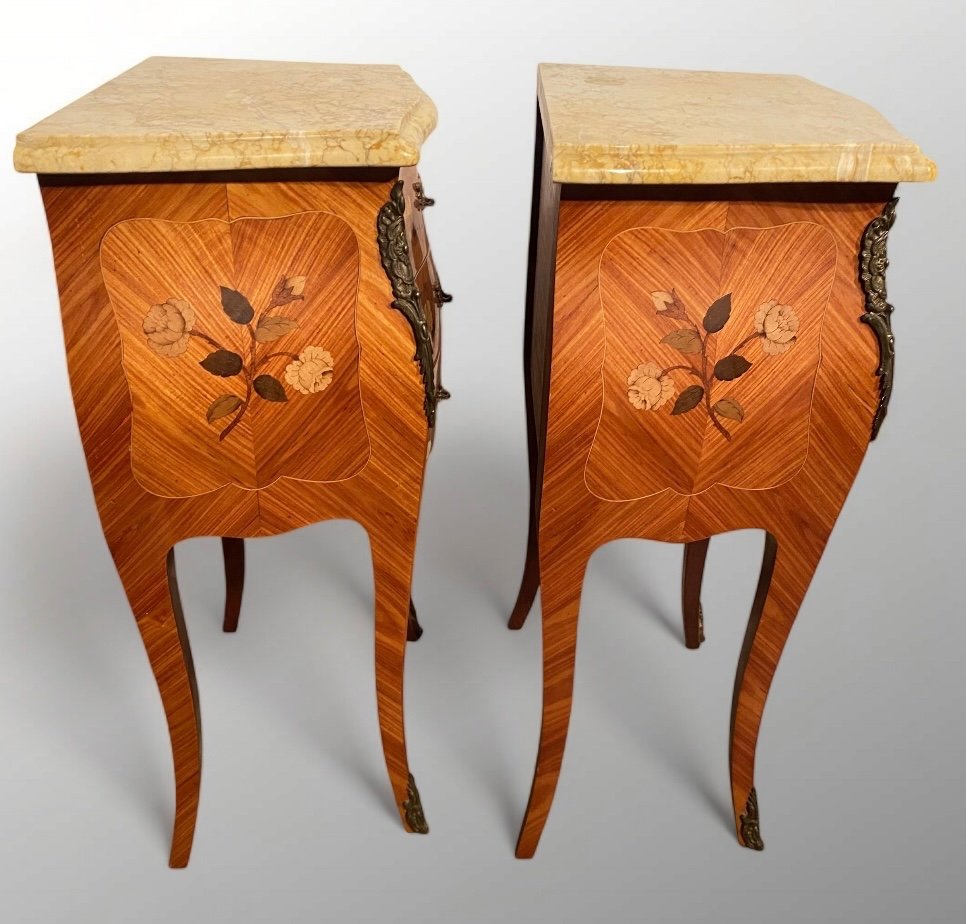 Paire De Tables Chevet Louis XV En Marqueterie De Fleurs Et Dessus En Marbre De Sienne -photo-4