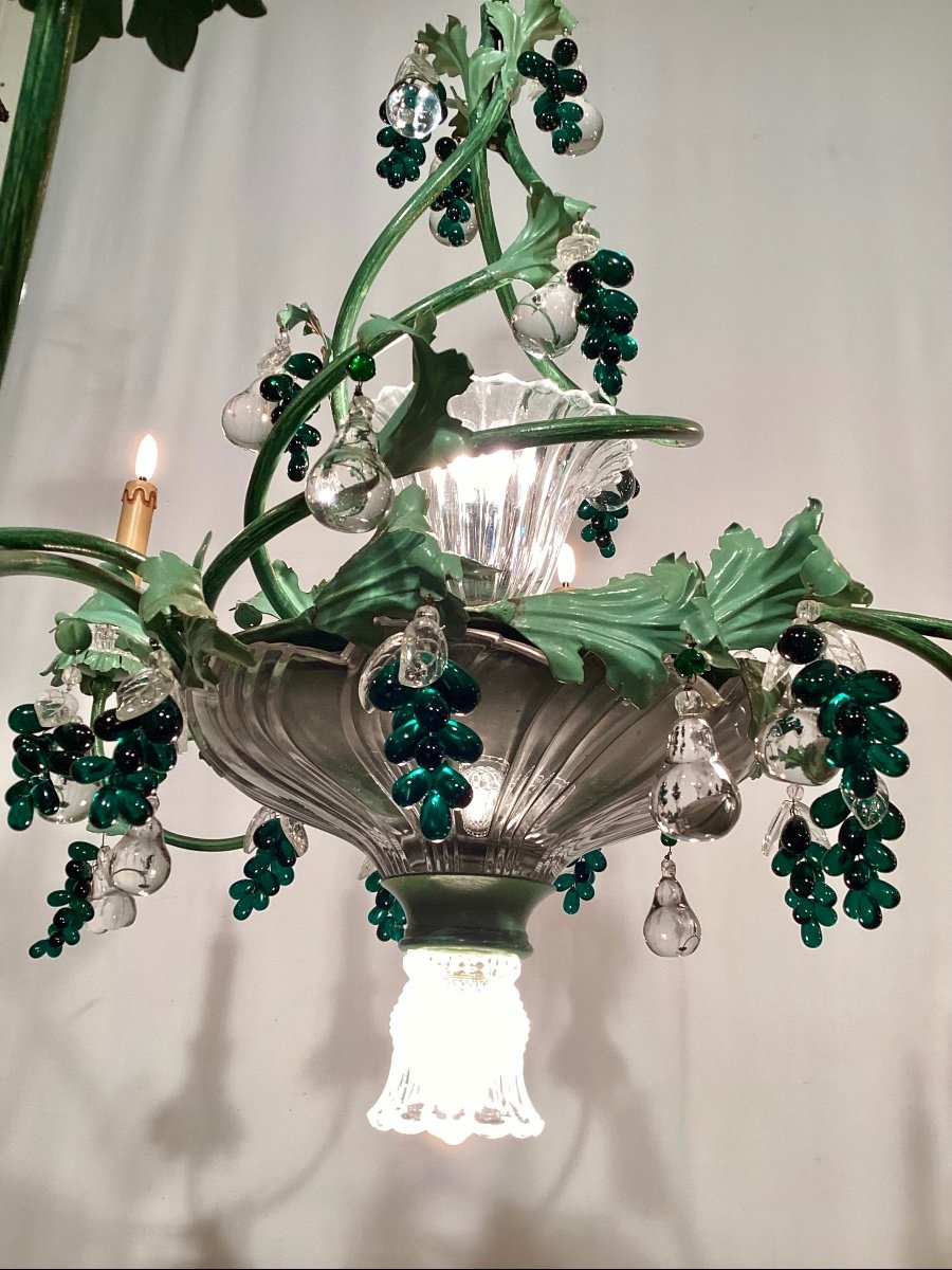 Important Pair Of Chandeliers 8 Lights With Plant Decor In Crystal And Glass -photo-4