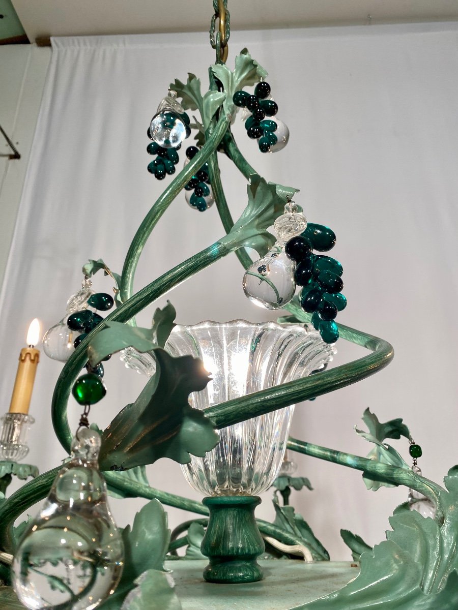 Important Pair Of Chandeliers 8 Lights With Plant Decor In Crystal And Glass -photo-5