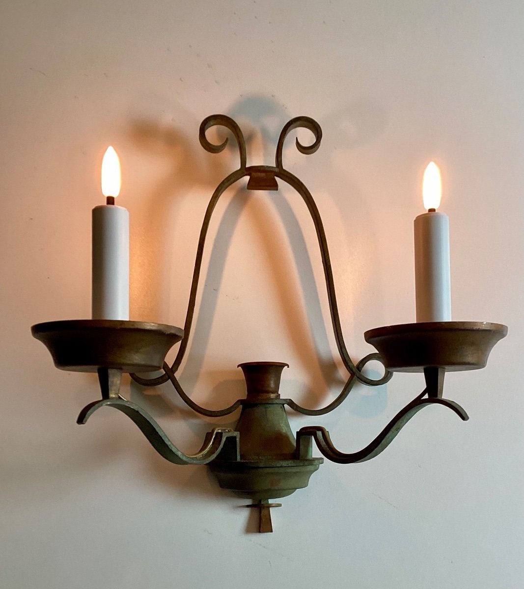 Raymond Subes Set Of Large Art Deco Wrought Iron Wall Lights 1935/1940 Lacquered Green And Gold -photo-2