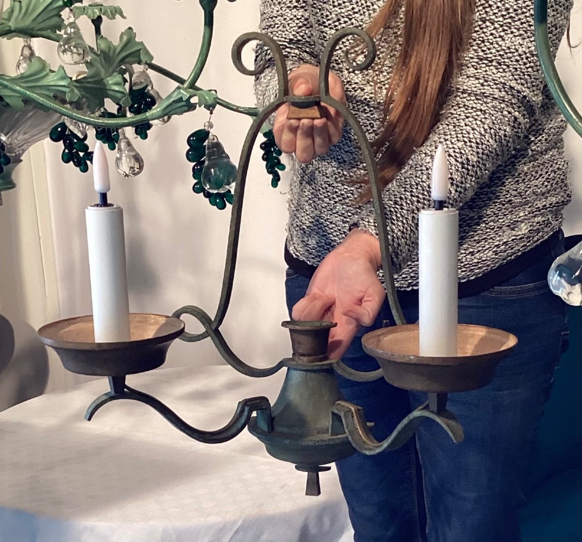 Raymond Subes Set Of Large Art Deco Wrought Iron Wall Lights 1935/1940 Lacquered Green And Gold -photo-4