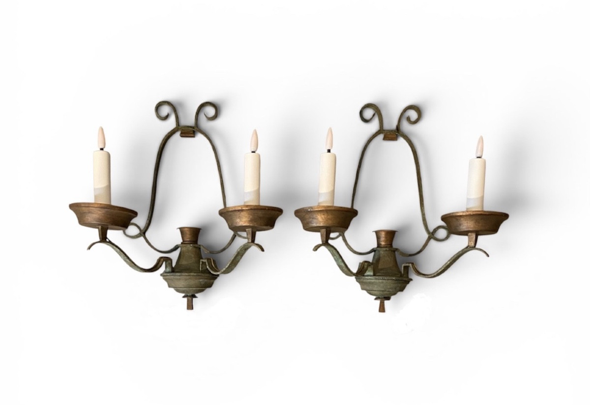 Raymond Subes Paire De Grandes Appliques Art Déco En Fer Forgé 1935 / 1940 Laqué Vert Et Doré 