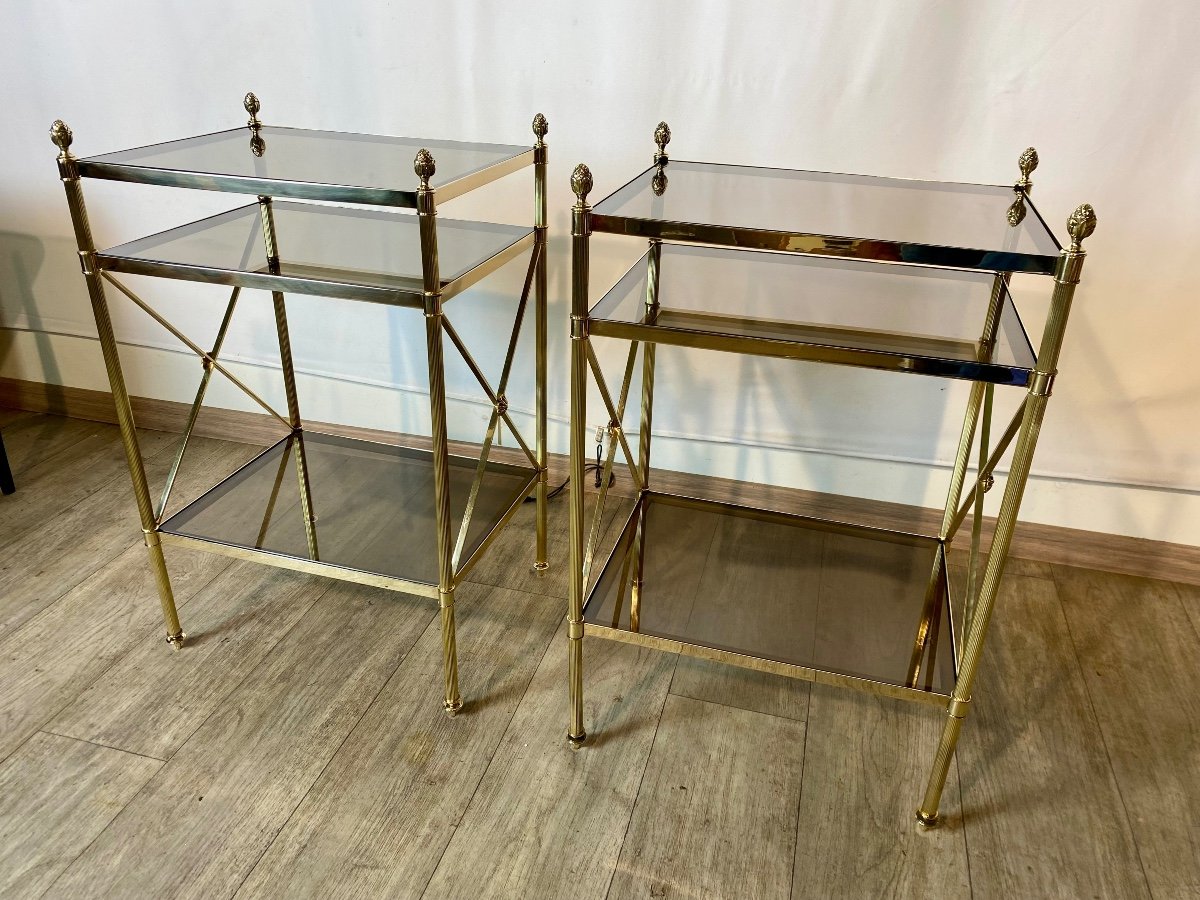Maison Baguès Pair Of Side Tables End Tables Bronze Brass And Smoked Glass -photo-3
