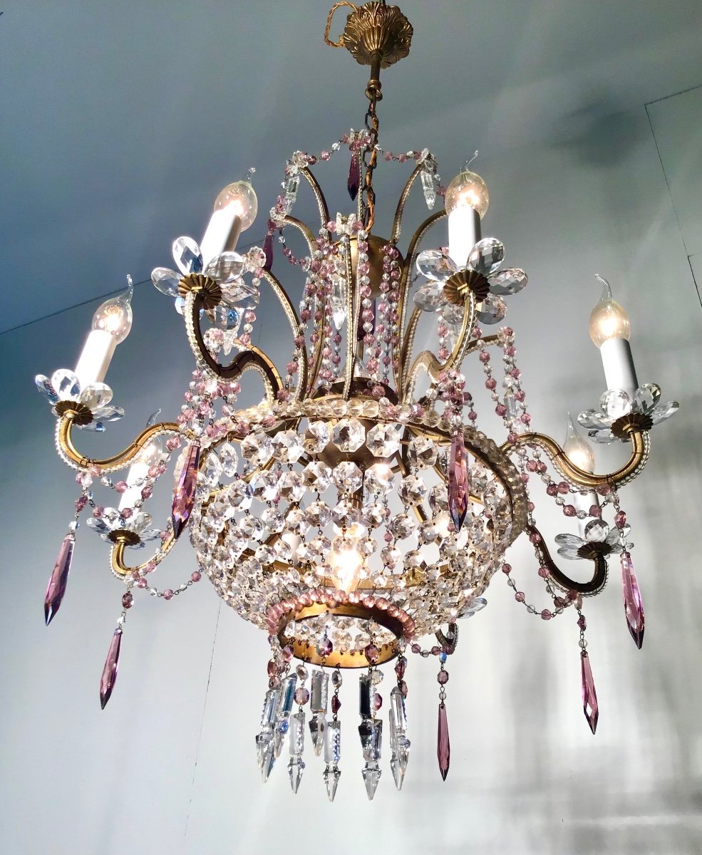 Lustre Corbeille à 8 Bras De Lumière Cristal Violet et 2 lumières centrales