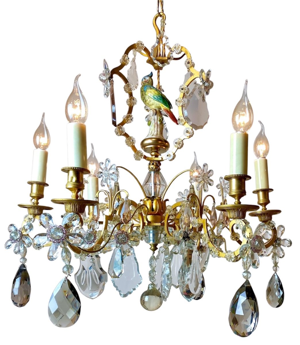 Proantic: Lustre En Bronze Doré et Oiseau Porcelaine De Saxe Cristaux