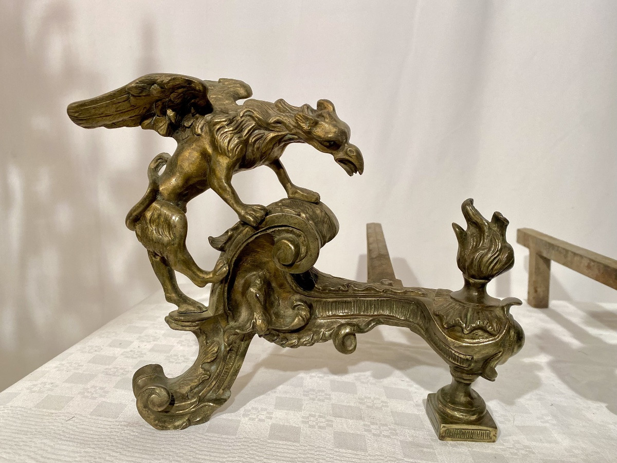 Pair Of 18th Century Louis XV Regency Andirons With Bronze Dragons -photo-2