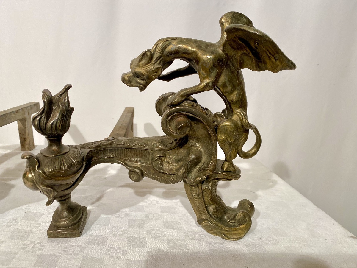 Pair Of 18th Century Louis XV Regency Andirons With Bronze Dragons -photo-3