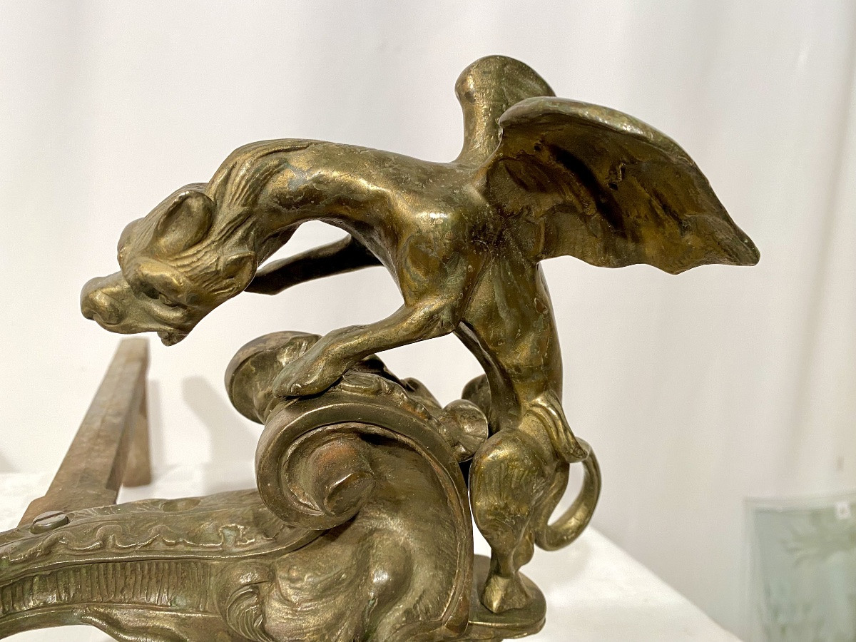Pair Of 18th Century Louis XV Regency Andirons With Bronze Dragons -photo-1