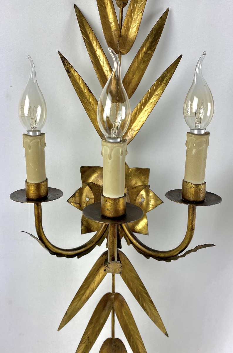 Paire D’appliques XXème En Fer Doré Maison Ferro Espagne 1950 -photo-1
