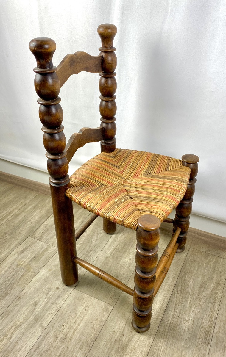 Charles Dudouyt Brutalist Style Chair In Turned Beech Wood With Straw Seat, 1940-photo-2