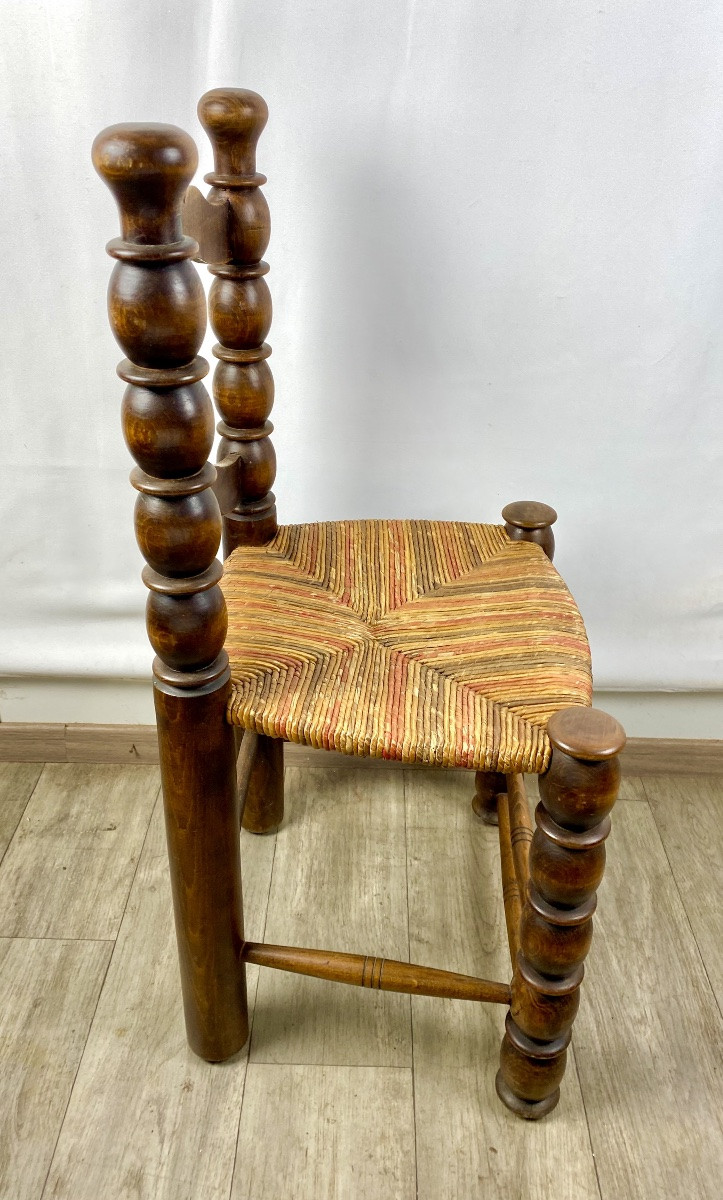 Charles Dudouyt Brutalist Style Chair In Turned Beech Wood With Straw Seat, 1940-photo-3