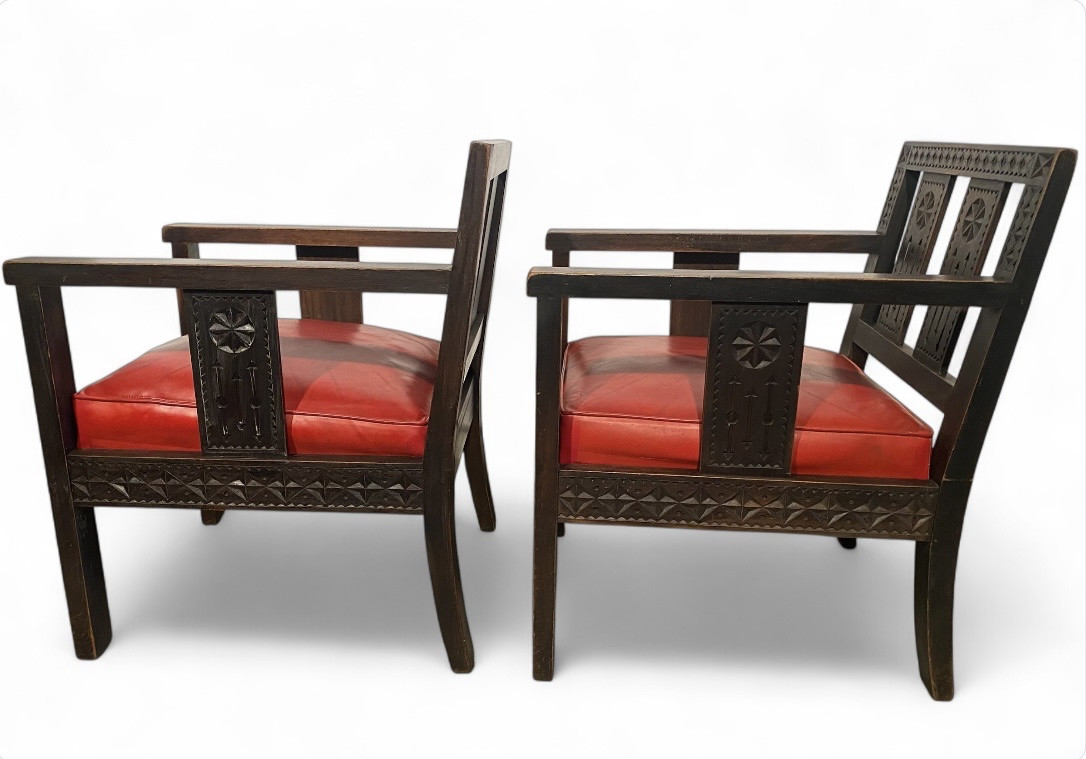 Pair Of 1930s Art Deco Red Leather Armchairs-photo-2