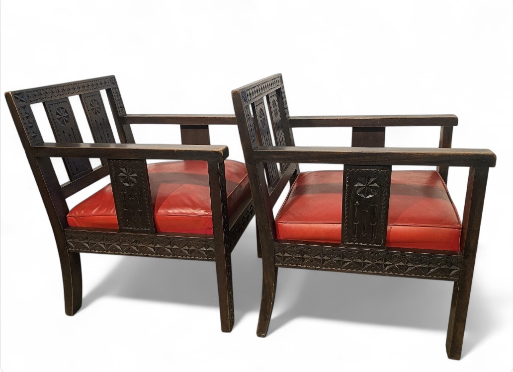 Pair Of 1930s Art Deco Red Leather Armchairs-photo-3
