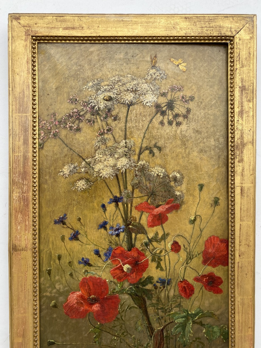 Alexis Kreyder tableau nature fleurs feuillages papillons et scarabée 19eme siècle -photo-2