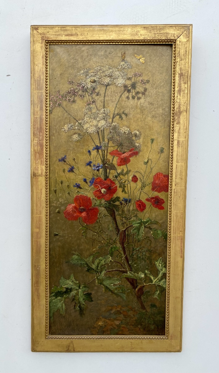 Alexis Kreyder tableau nature fleurs feuillages papillons et scarabée 19eme siècle 