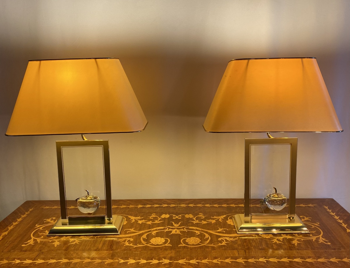 Paire de lampes en verre et laiton Le Dauphin design années 1970 -photo-2