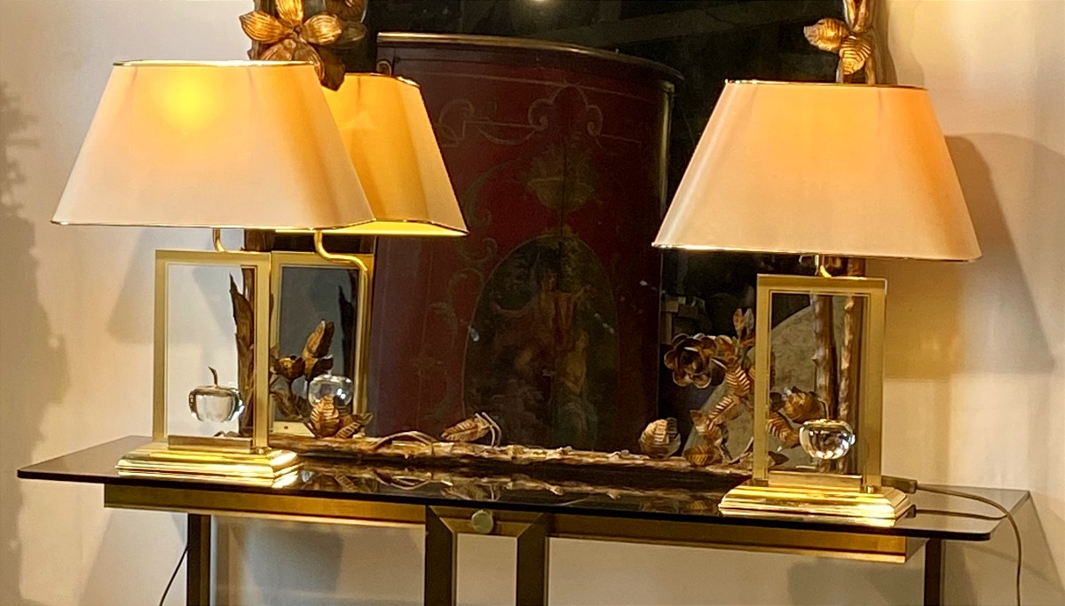 Pair Of Glass And Brass Lamps Le Dauphin Design 1970s-photo-3
