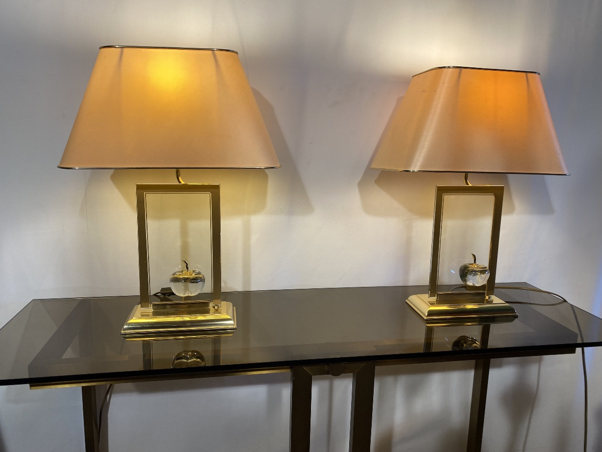 Paire de lampes en verre et laiton Le Dauphin design années 1970 -photo-7