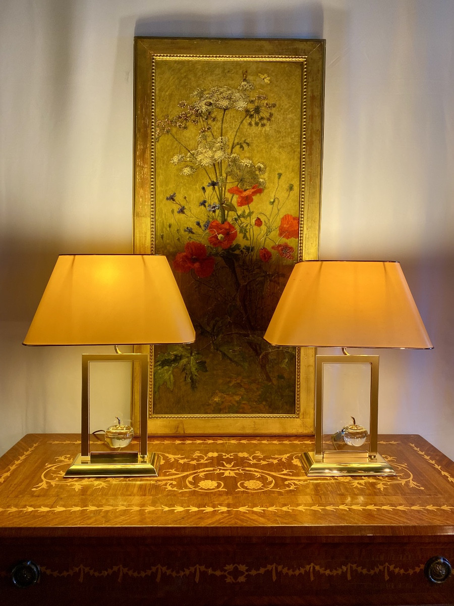 Paire de lampes en verre et laiton Le Dauphin design années 1970 