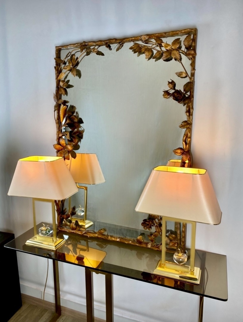 Miroir italien milieu XXeme à décor de branchages feuillages et fleurs -photo-7