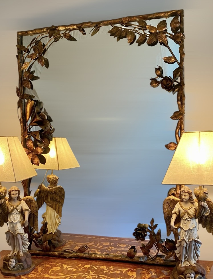 Miroir italien milieu XXeme à décor de branchages feuillages et fleurs -photo-8