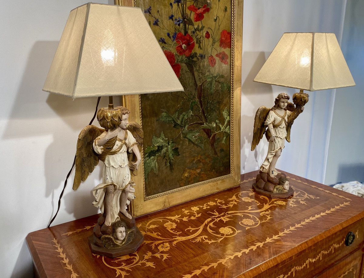 Paire de lampes italiennes anges polychromes milieu XXeme de style 17eme-photo-2