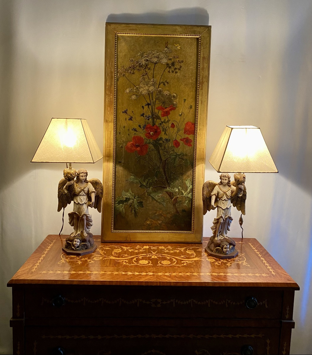 Paire de lampes italiennes anges polychromes milieu XXeme de style 17eme-photo-3