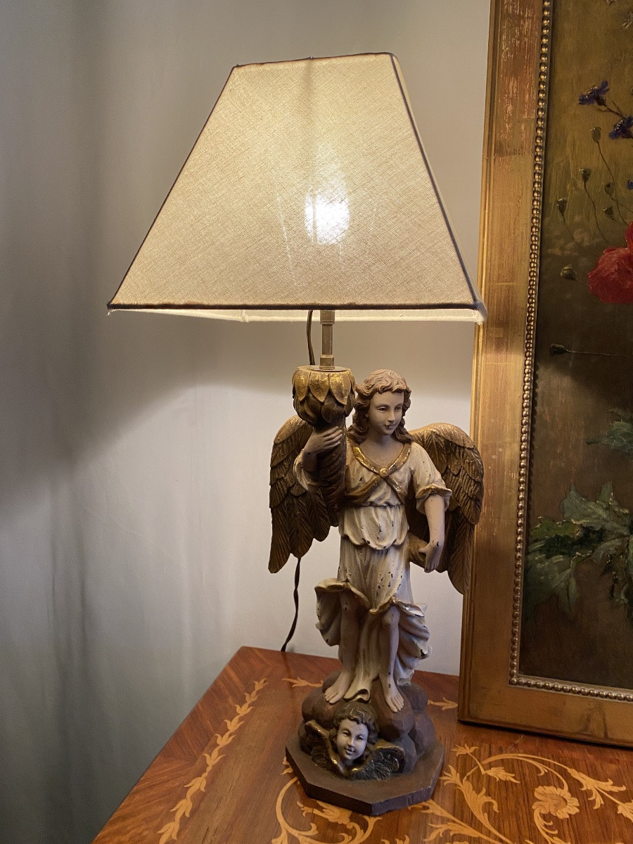 Paire de lampes italiennes anges polychromes milieu XXeme de style 17eme-photo-4