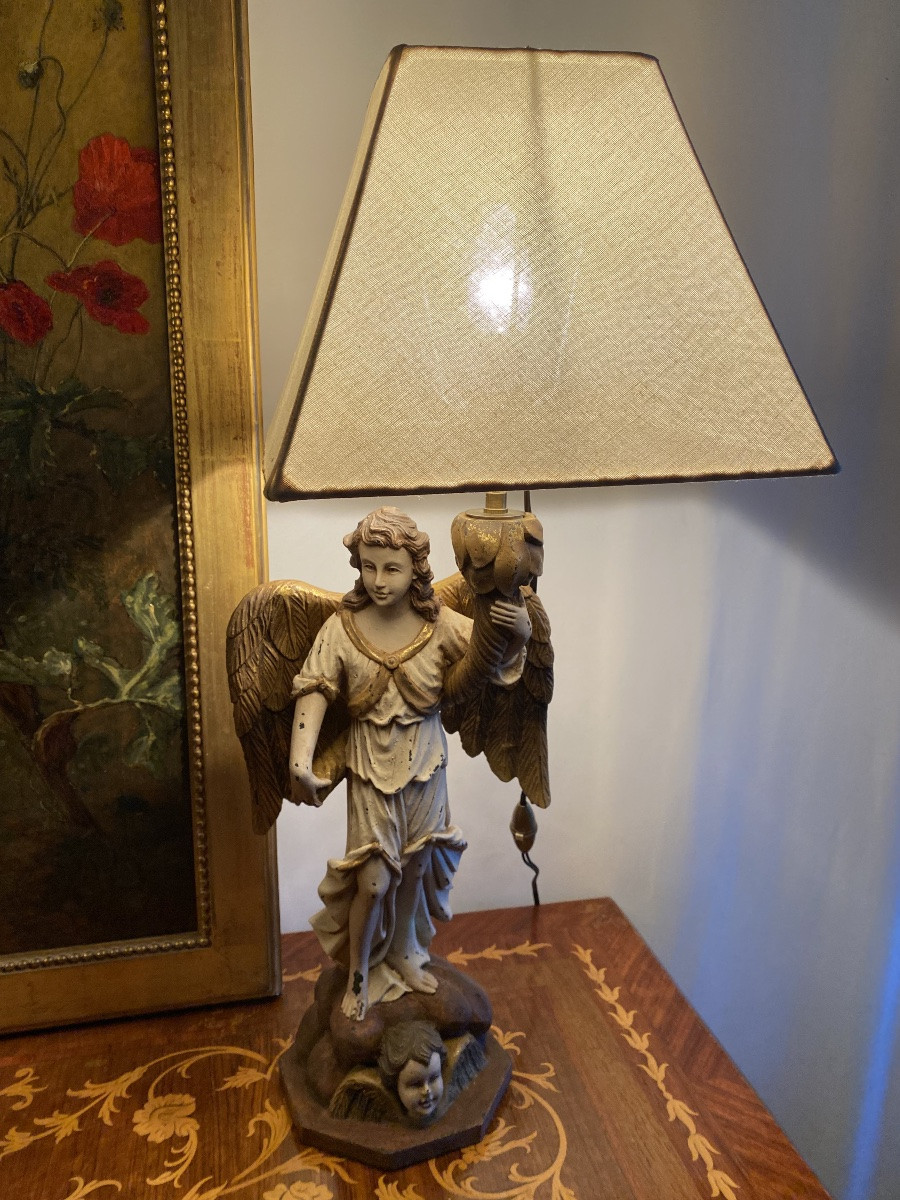 Paire de lampes italiennes anges polychromes milieu XXeme de style 17eme-photo-1