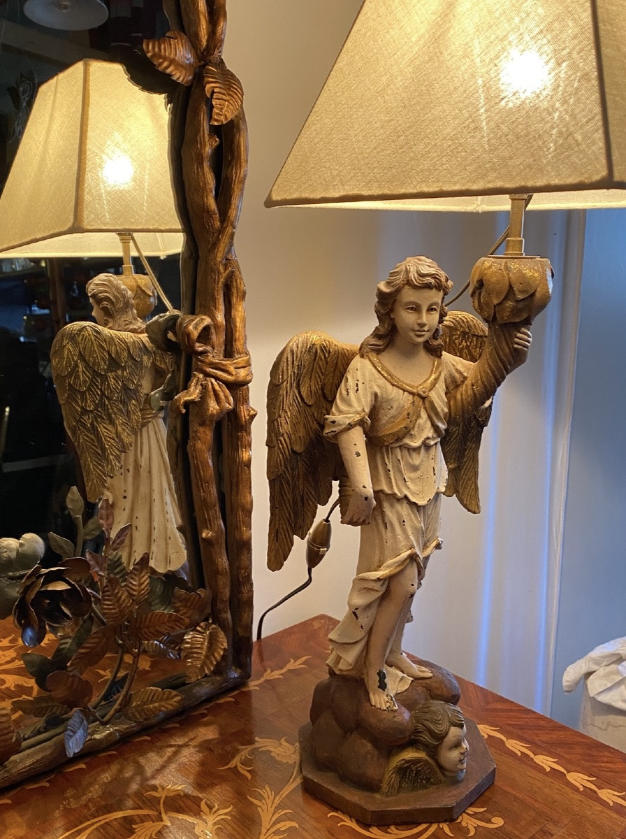 Paire de lampes italiennes anges polychromes milieu XXeme de style 17eme-photo-7