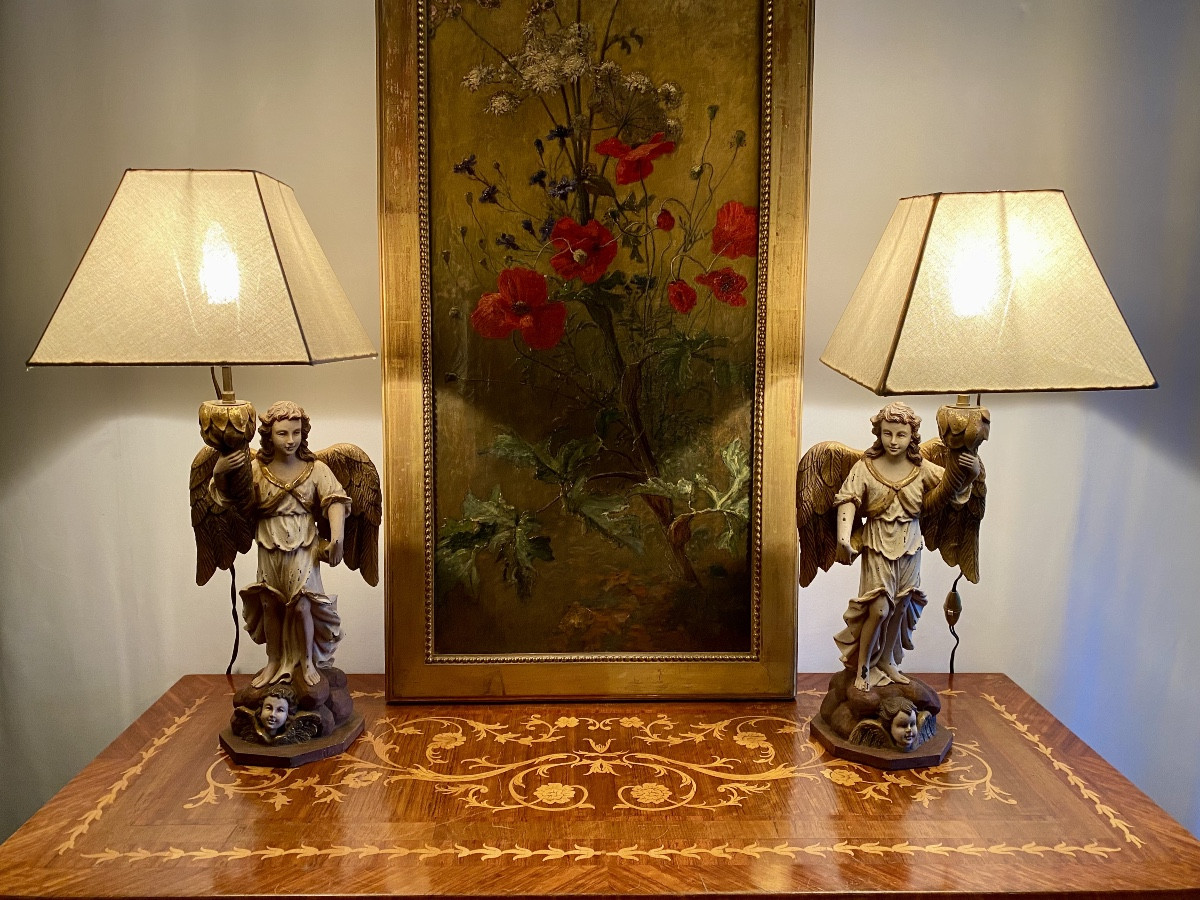 Paire de lampes italiennes anges polychromes milieu XXeme de style 17eme