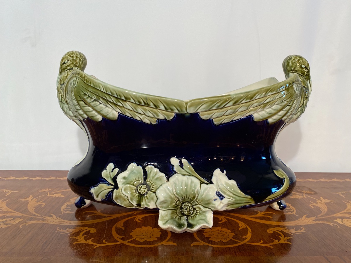 De Bruyn Jardinière cache pot fleurs d’aubépines bleu nuit de style Art Nouveau Jungenstil 1880-photo-3