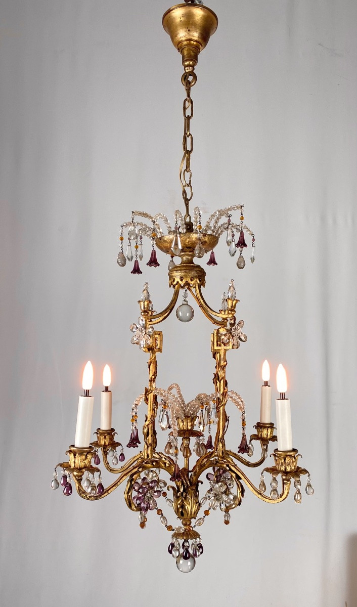 Neoclassical Chandelier In Gilded Wrought Iron And Crystals With 4 Light Arms Attributed To Baguès-photo-3
