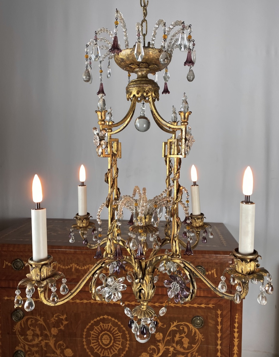 Neoclassical Chandelier In Gilded Wrought Iron And Crystals With 4 Light Arms Attributed To Baguès-photo-4