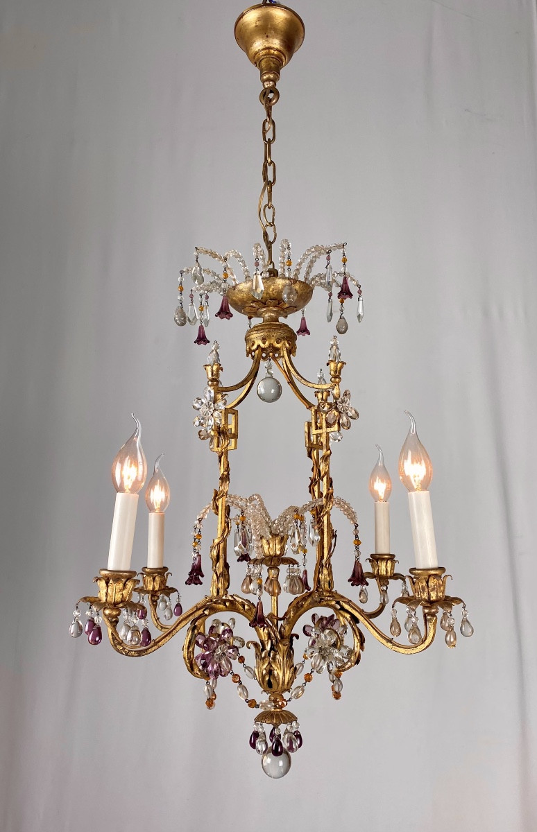 Neoclassical Chandelier In Gilded Wrought Iron And Crystals With 4 Light Arms Attributed To Baguès-photo-1